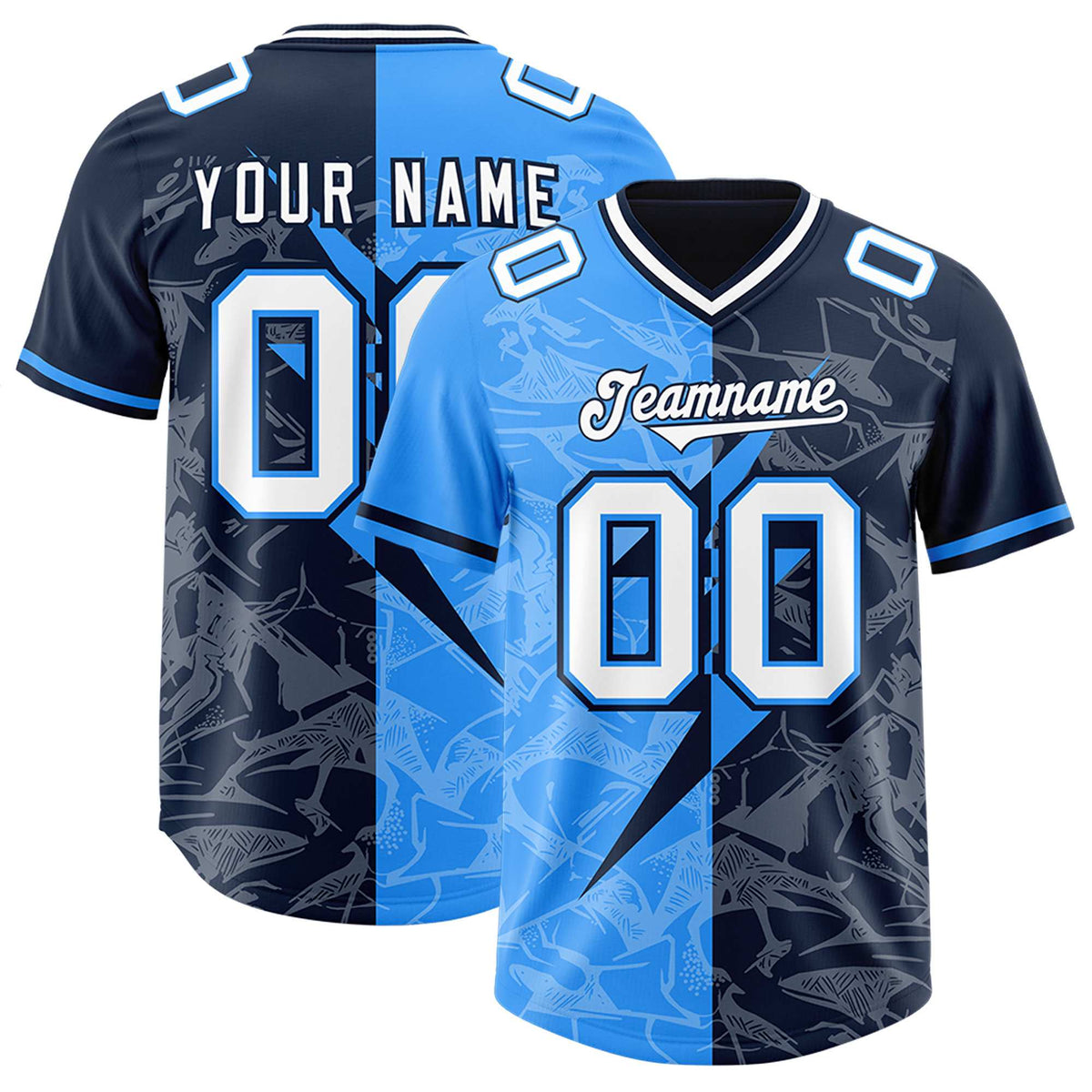 Custom Navy Light Blue Split Personalized Lightning Pattern Football Jersey