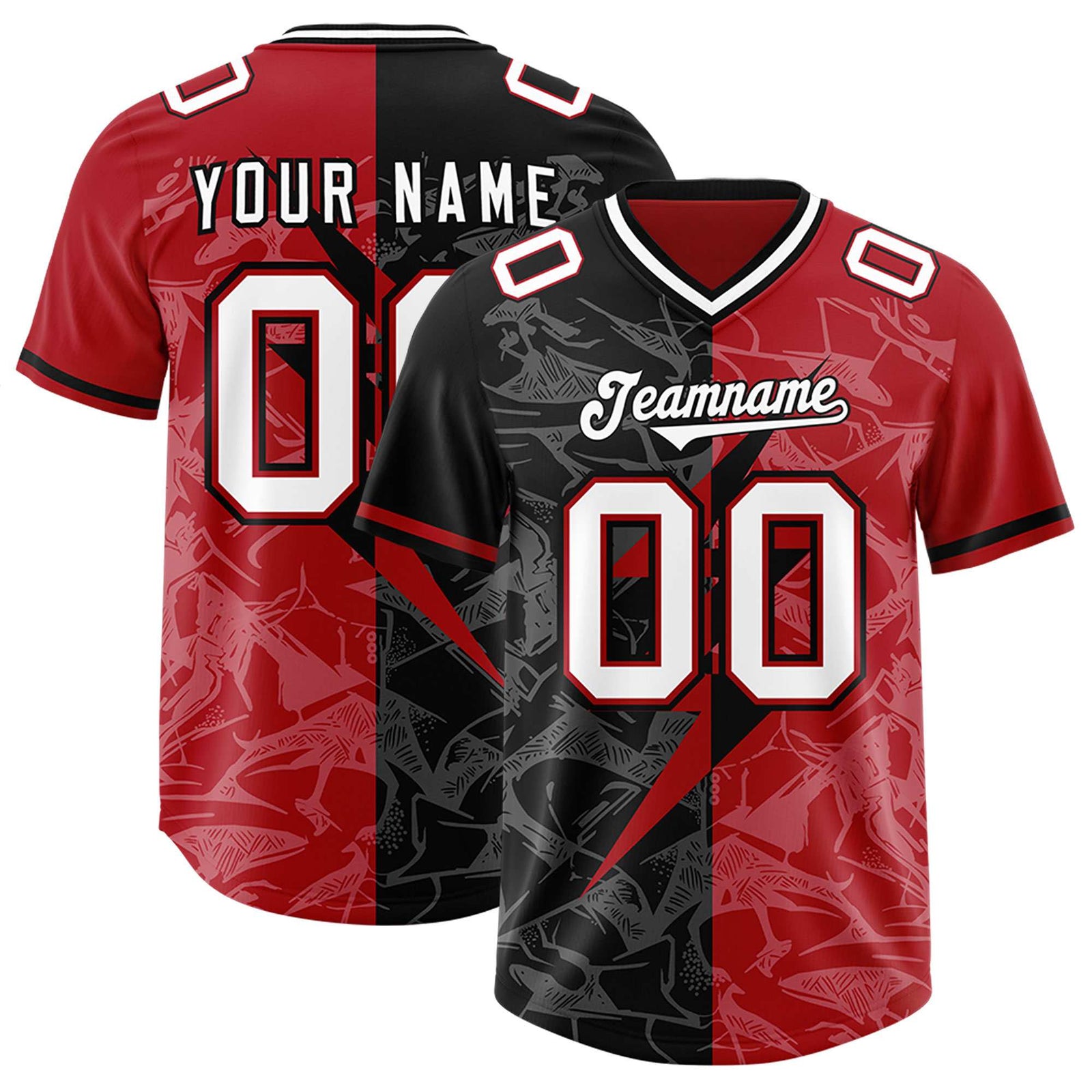 Custom Black Red Split Personalized Lightning Pattern Football Jersey
