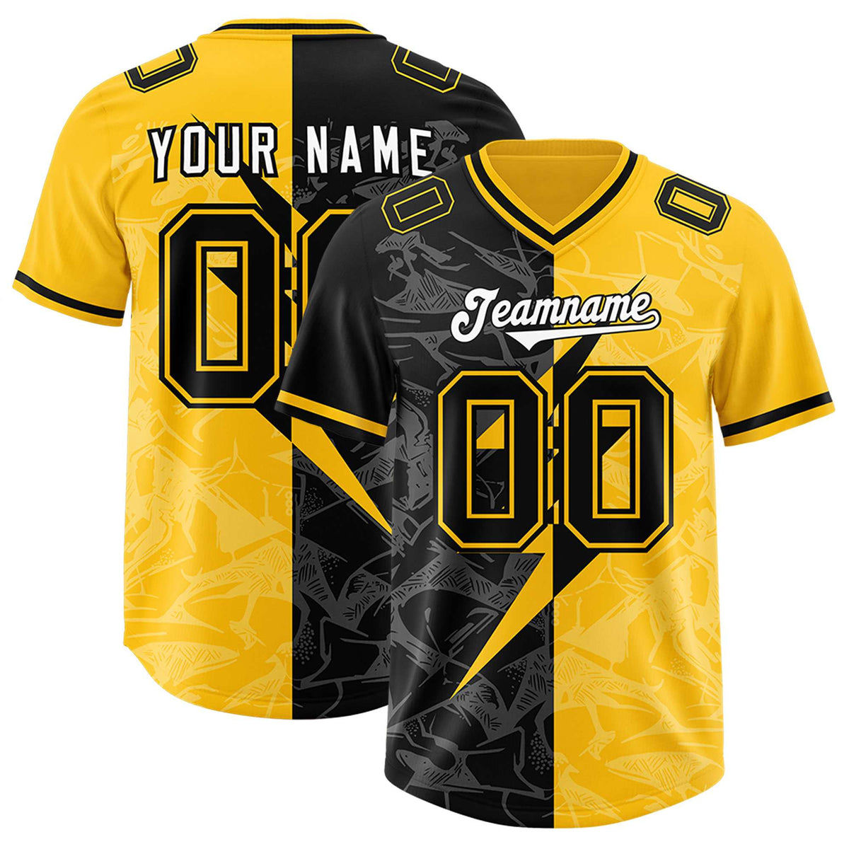 Custom Yellow Black Split Personalized Lightning Pattern Football Jersey