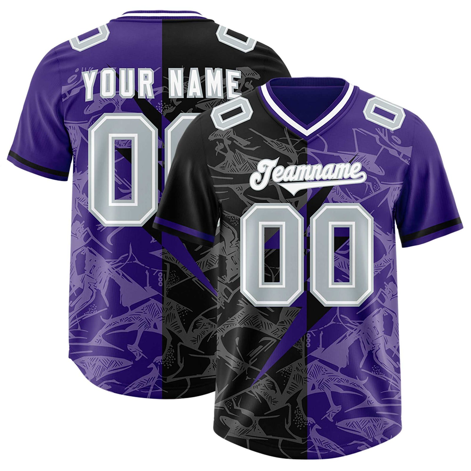 Custom Purple Black Split Personalized Lightning Pattern Football Jersey