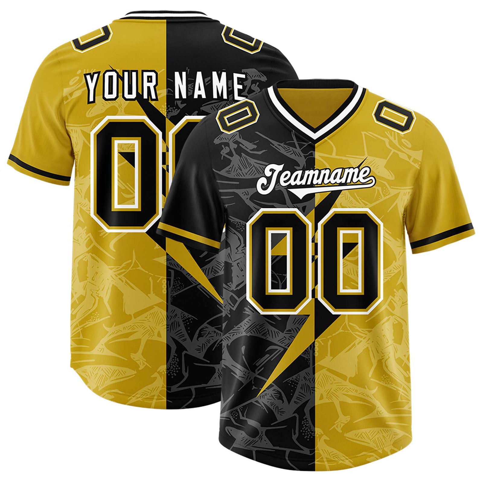 Custom Old Gold Black Split Personalized Lightning Pattern Football Jersey
