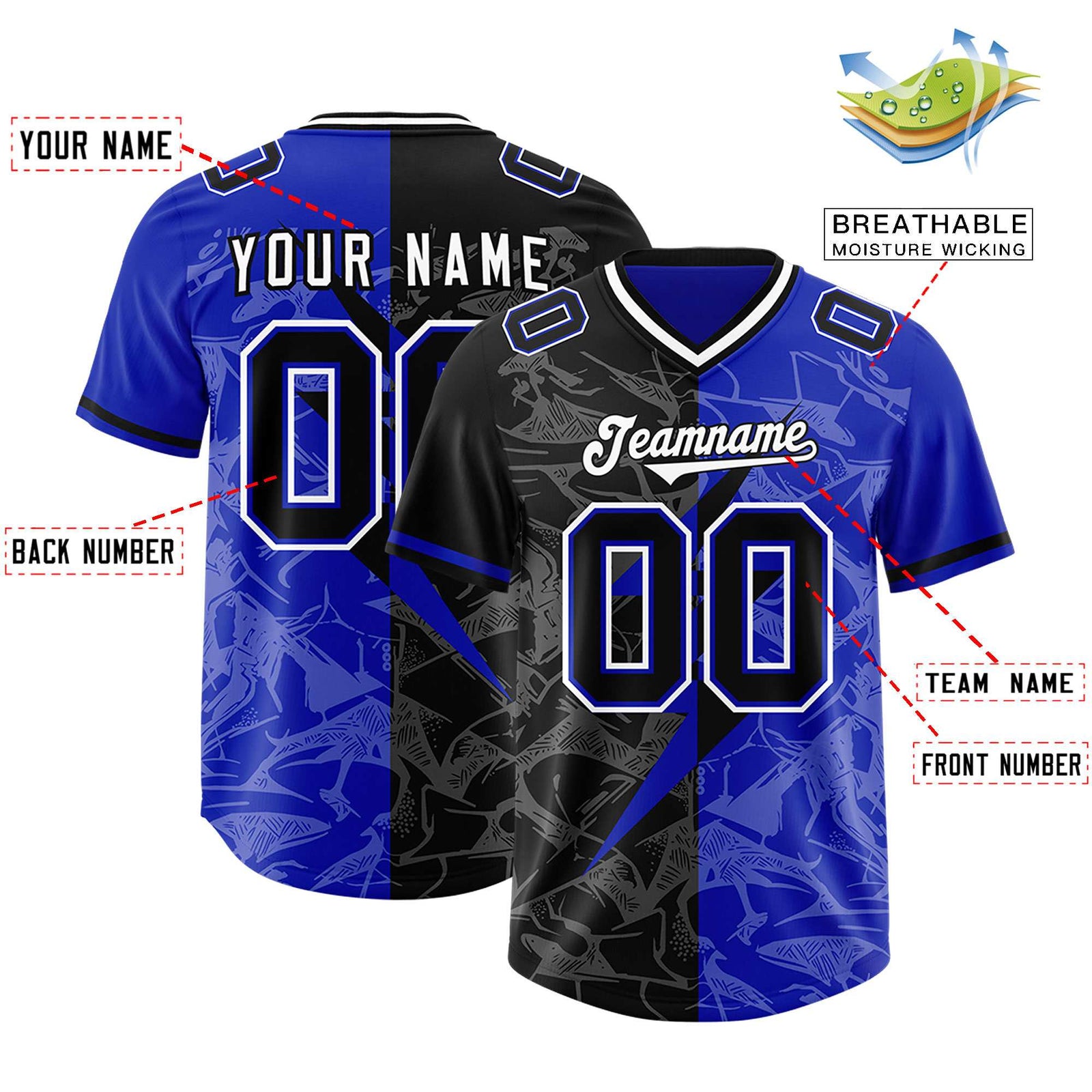 Custom Royal Black Split Personalized Lightning Pattern Football Jersey