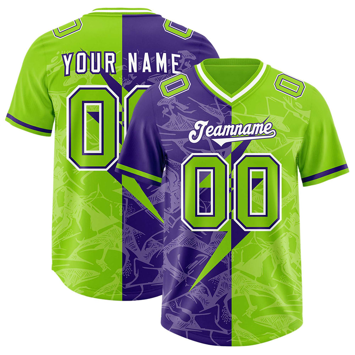 Custom Neon Green Purple Split Personalized Lightning Pattern Football Jersey
