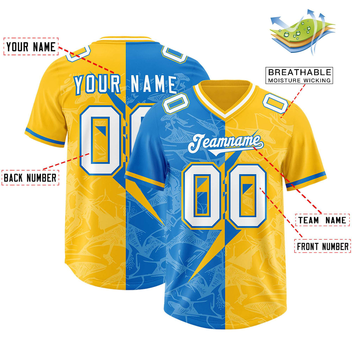 Custom Panther Blue Yellow Split Personalized Lightning Pattern Football Jersey