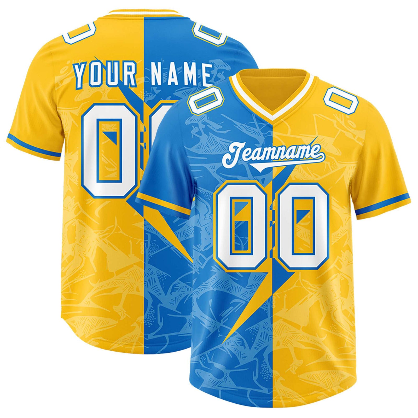 Custom Panther Blue Yellow Split Personalized Lightning Pattern Football Jersey
