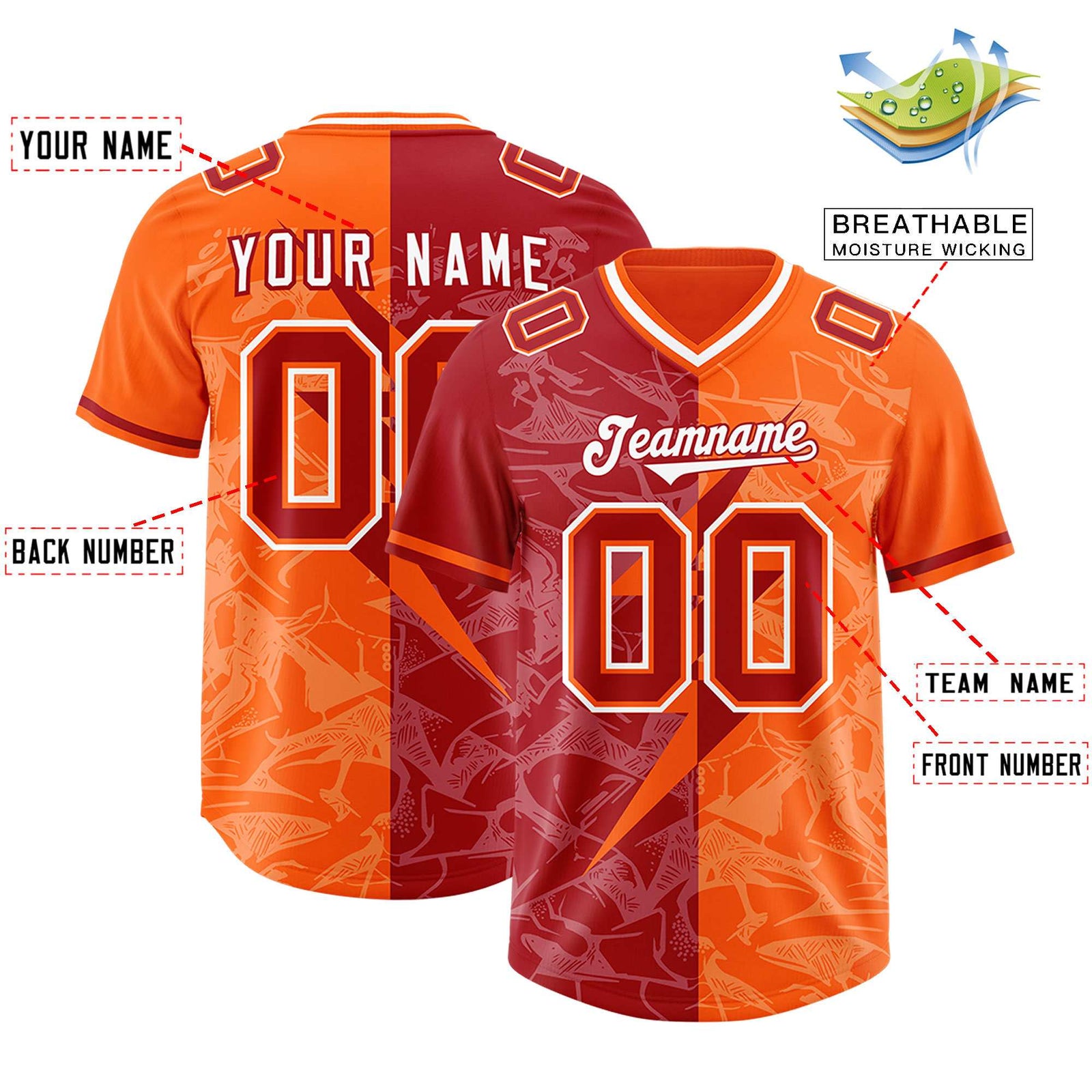 Custom Red Orange Split Personalized Lightning Pattern Football Jersey