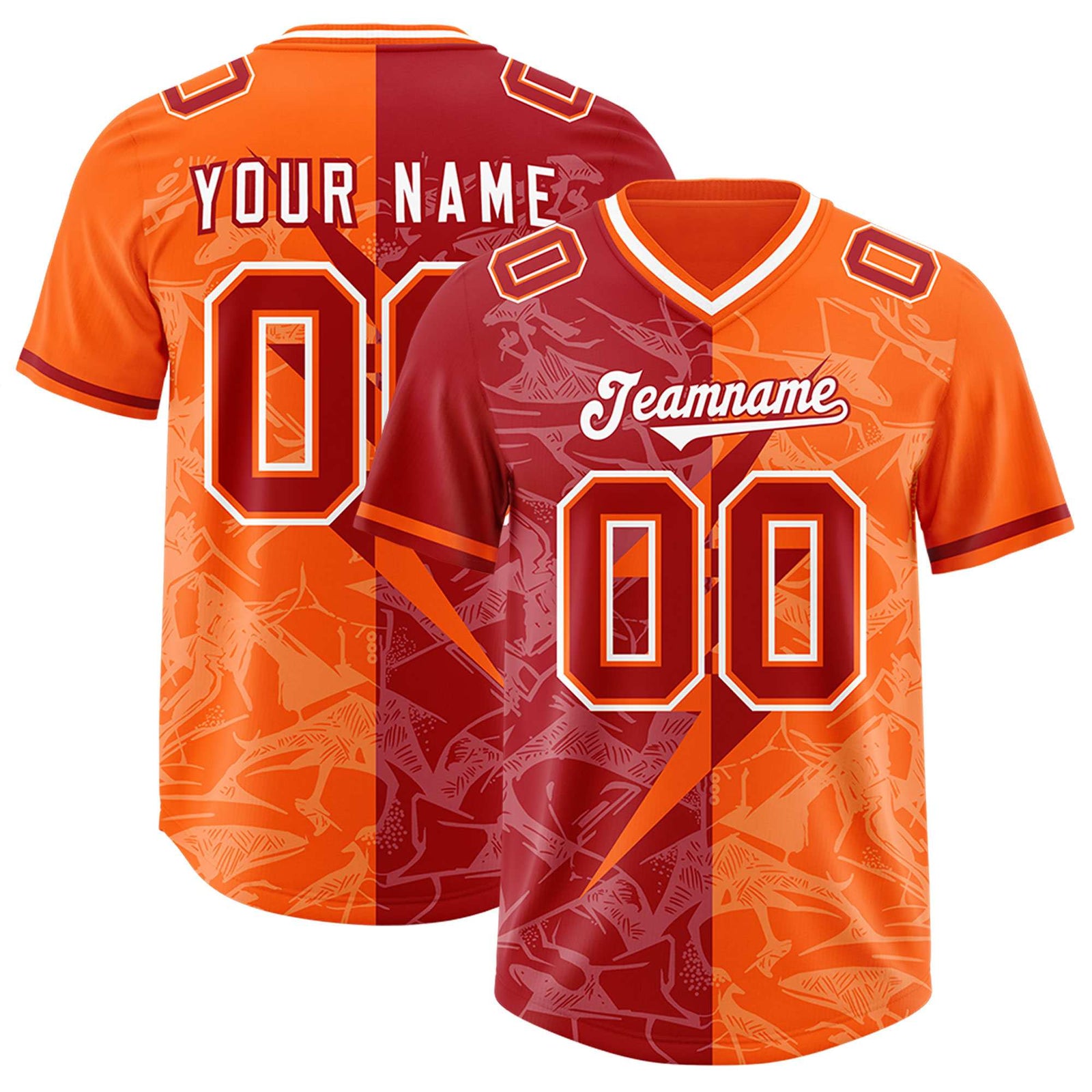 Custom Red Orange Split Personalized Lightning Pattern Football Jersey