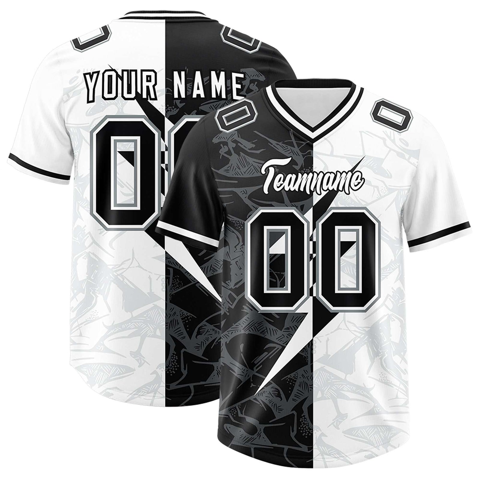 Custom White Black Split Personalized Lightning Pattern Football Jersey