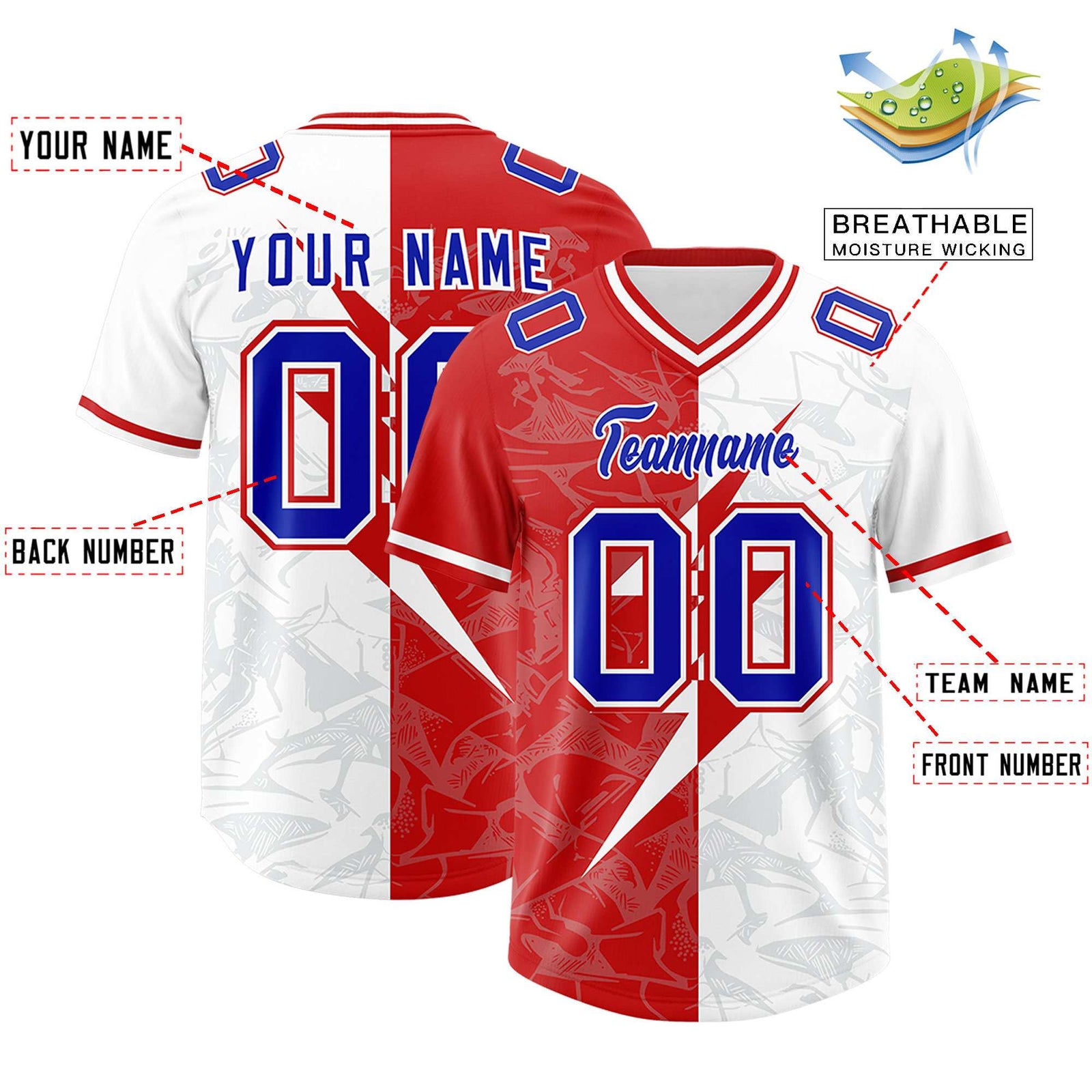 Custom White Red Split Personalized Lightning Pattern Football Jersey