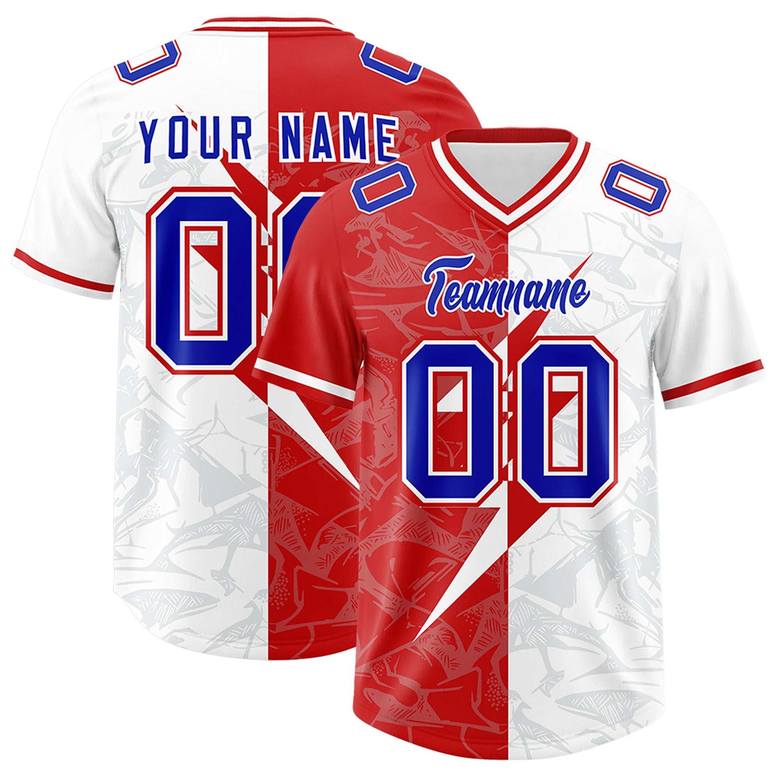 Custom White Red Split Personalized Lightning Pattern Football Jersey