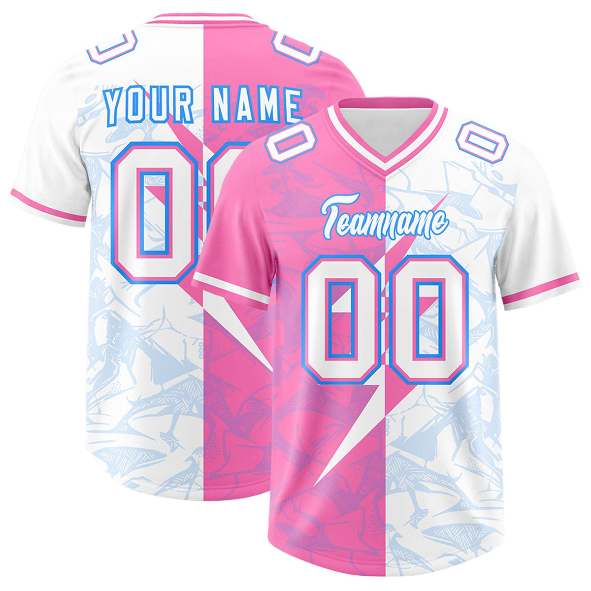 Custom White Pink Split Personalized Lightning Pattern Football Jersey