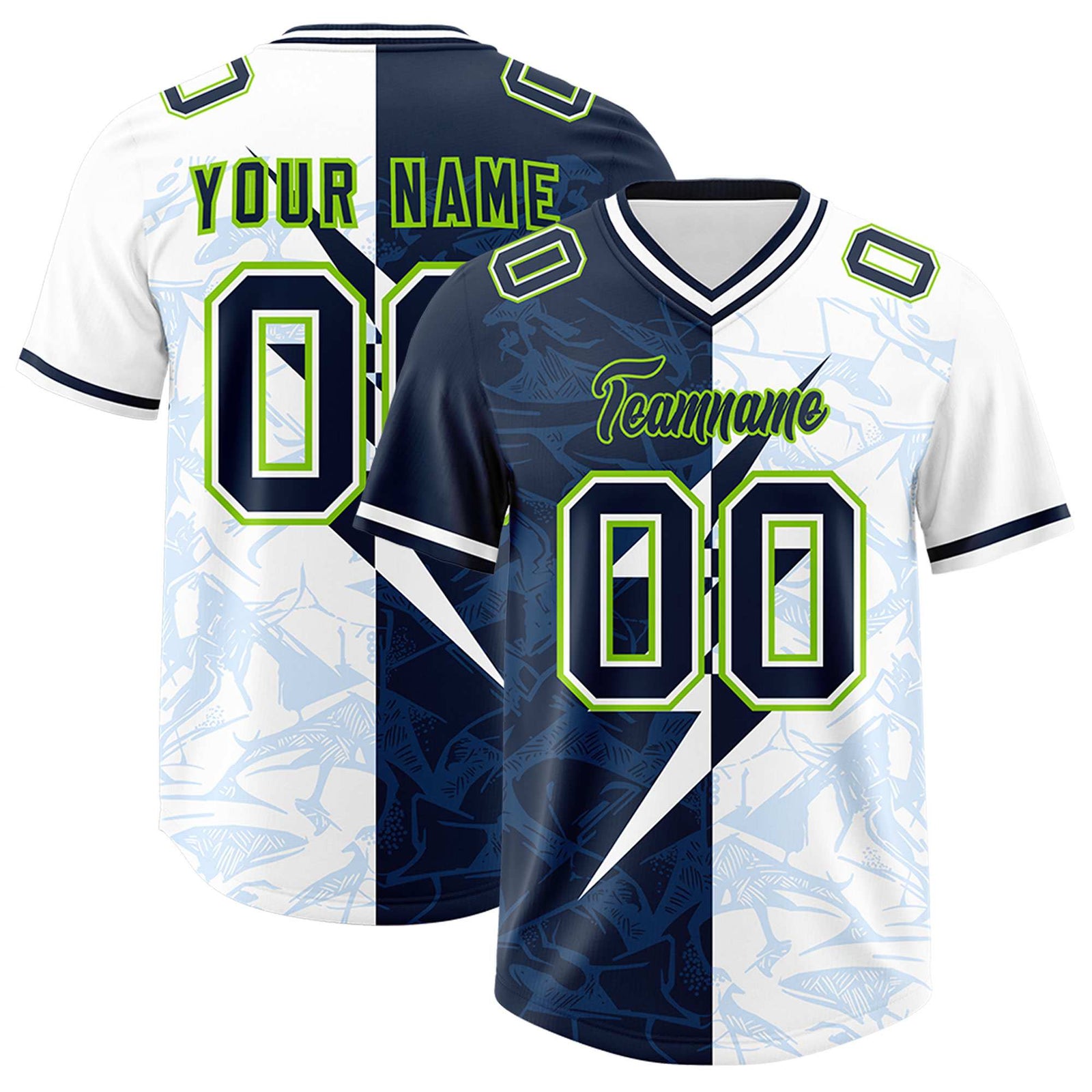 Custom White Navy Split Personalized Lightning Pattern Football Jersey