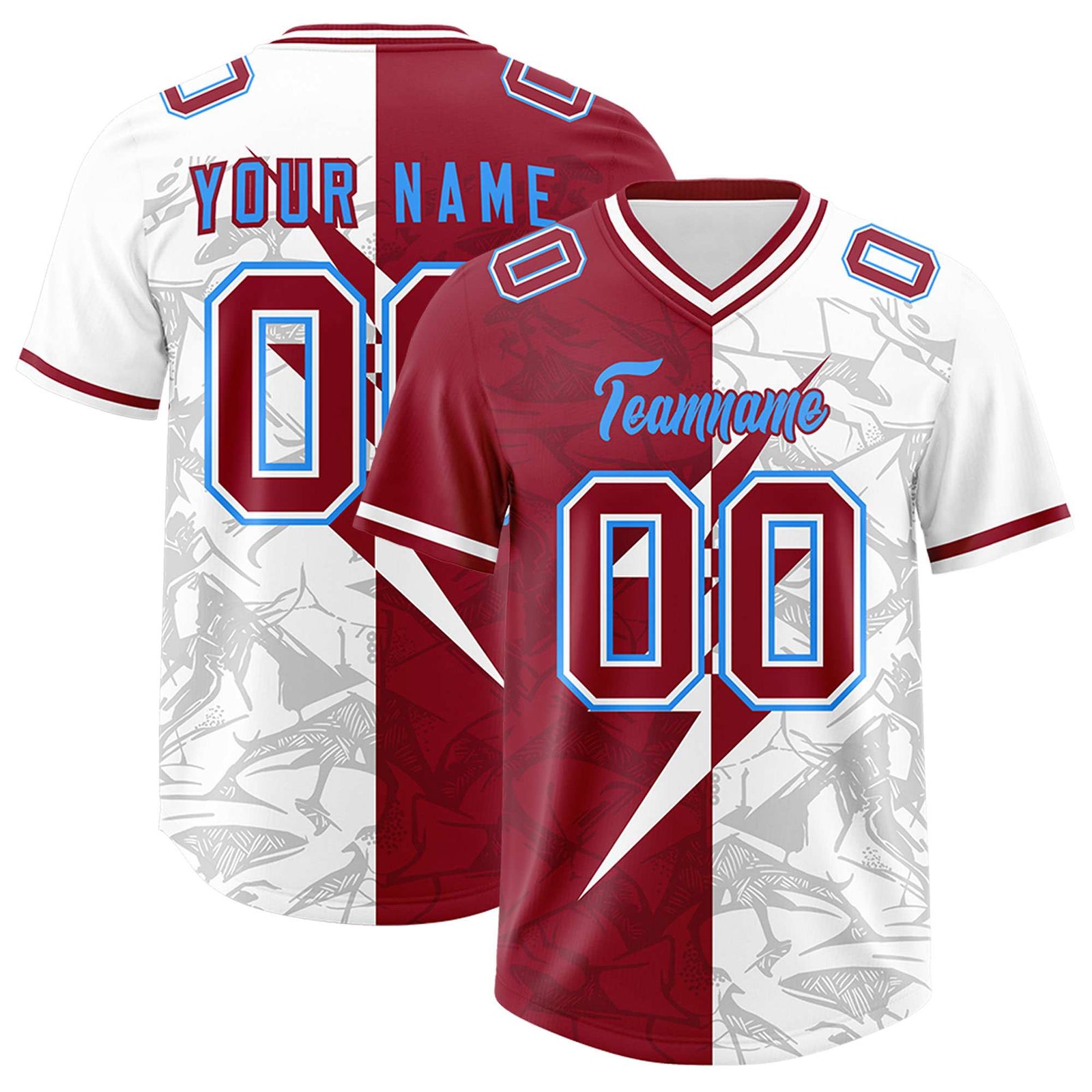 Custom Cardinal White Split Personalized Lightning Pattern Football Jersey