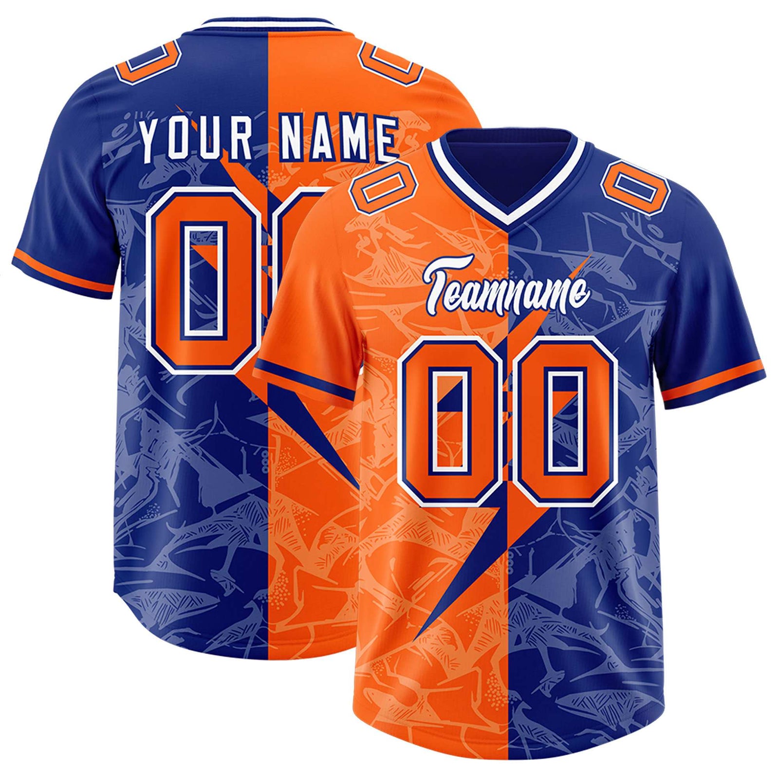 Custom Orange Royal Split Personalized Lightning Pattern Football Jersey