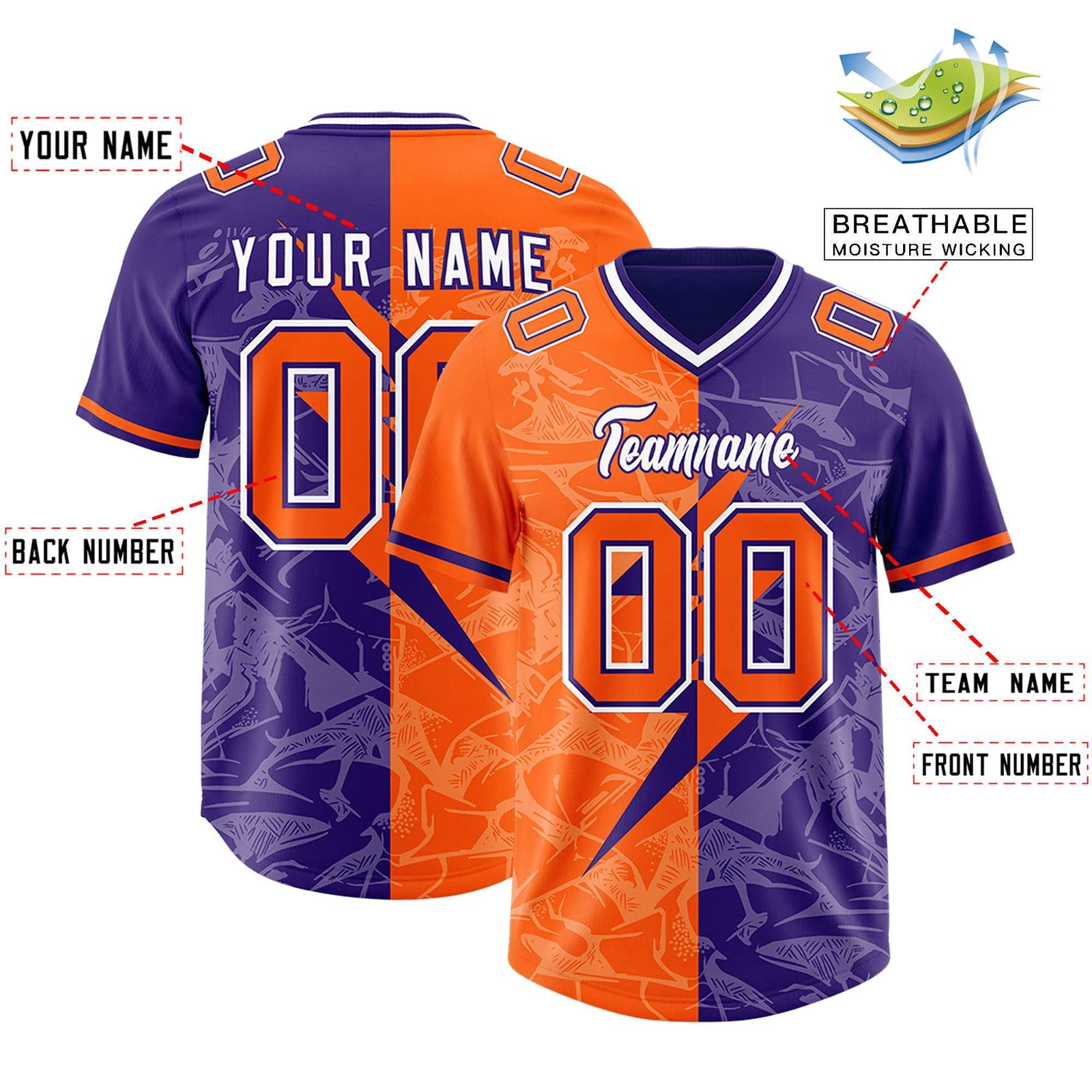 Custom Orange Purple Split Personalized Lightning Pattern Football Jersey