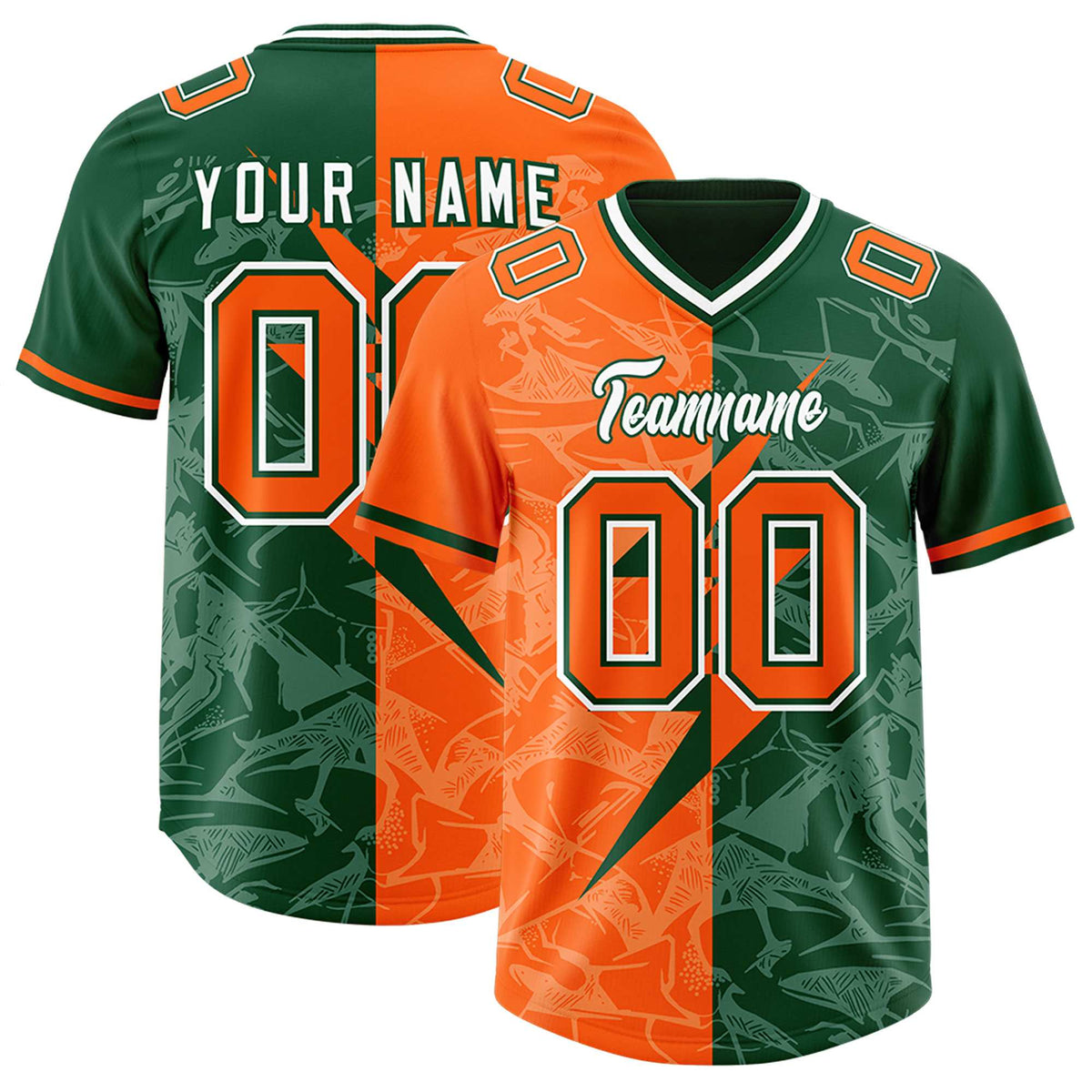 Custom Green Orange Split Personalized Lightning Pattern Football Jersey