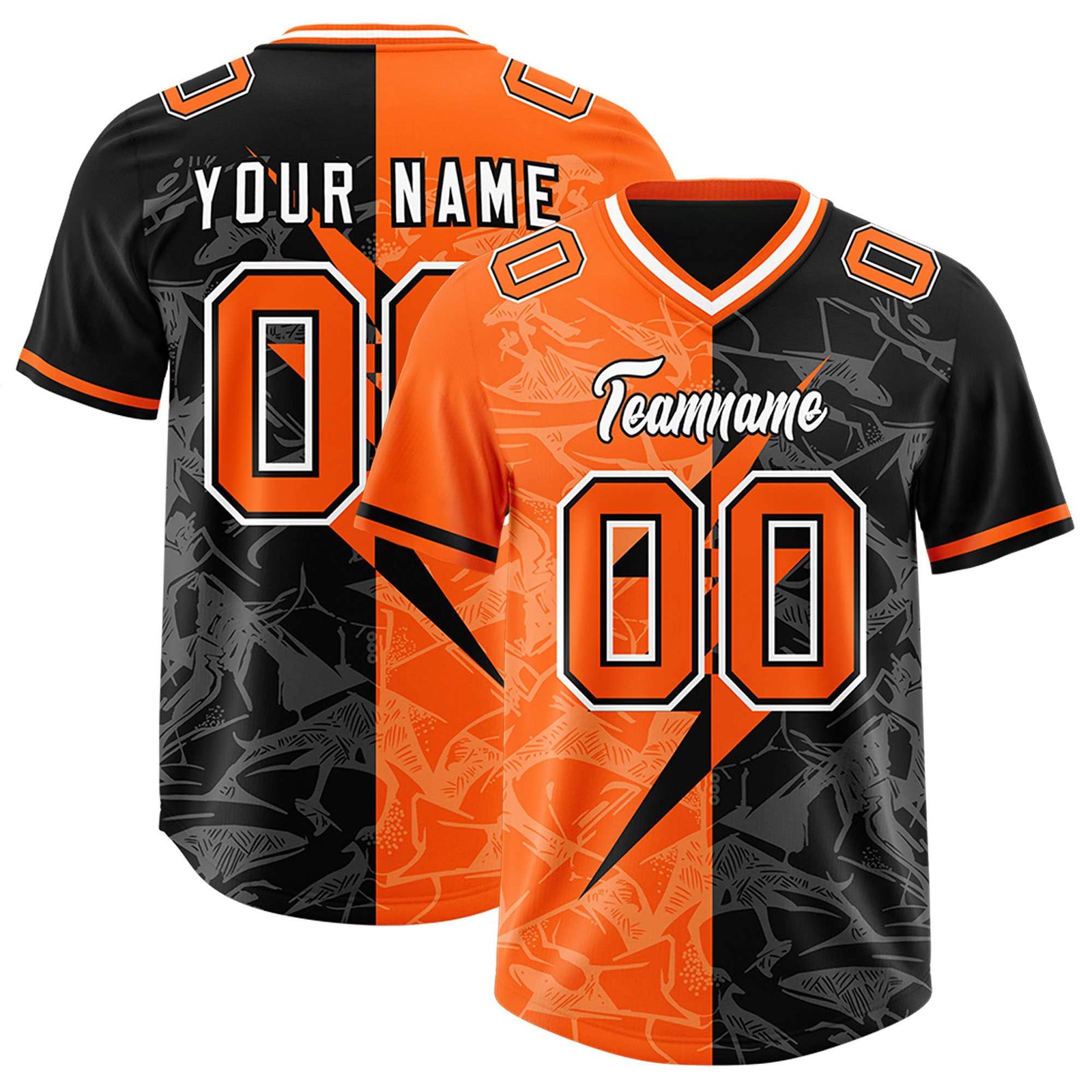 Custom Black Orange Split Personalized Lightning Pattern Football Jersey