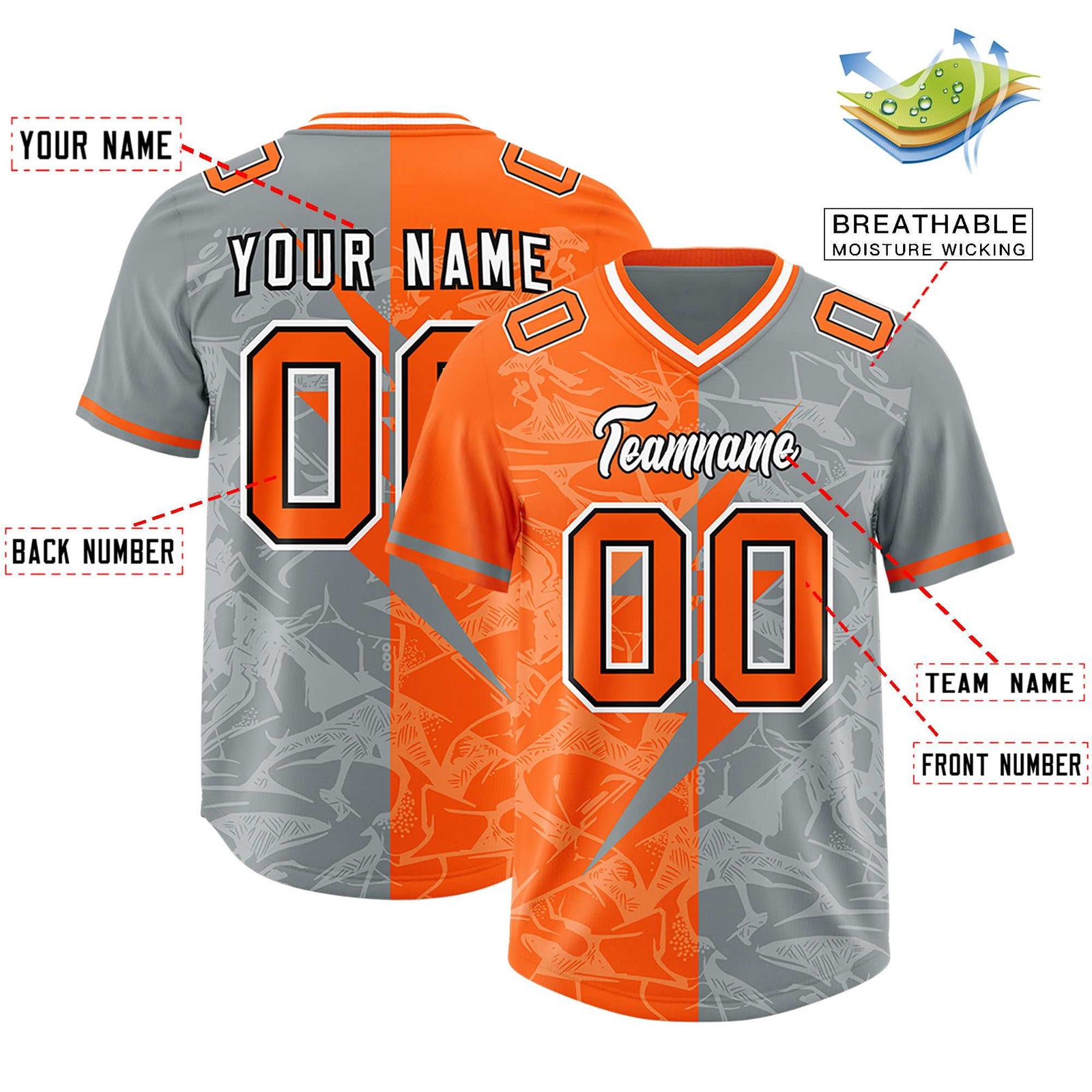 Custom Grey Orange Split Personalized Lightning Pattern Football Jersey