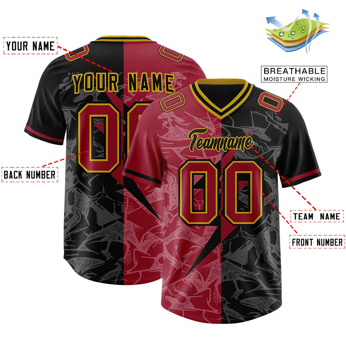 Custom Black Cardinal Split Personalized Lightning Pattern Football Jersey
