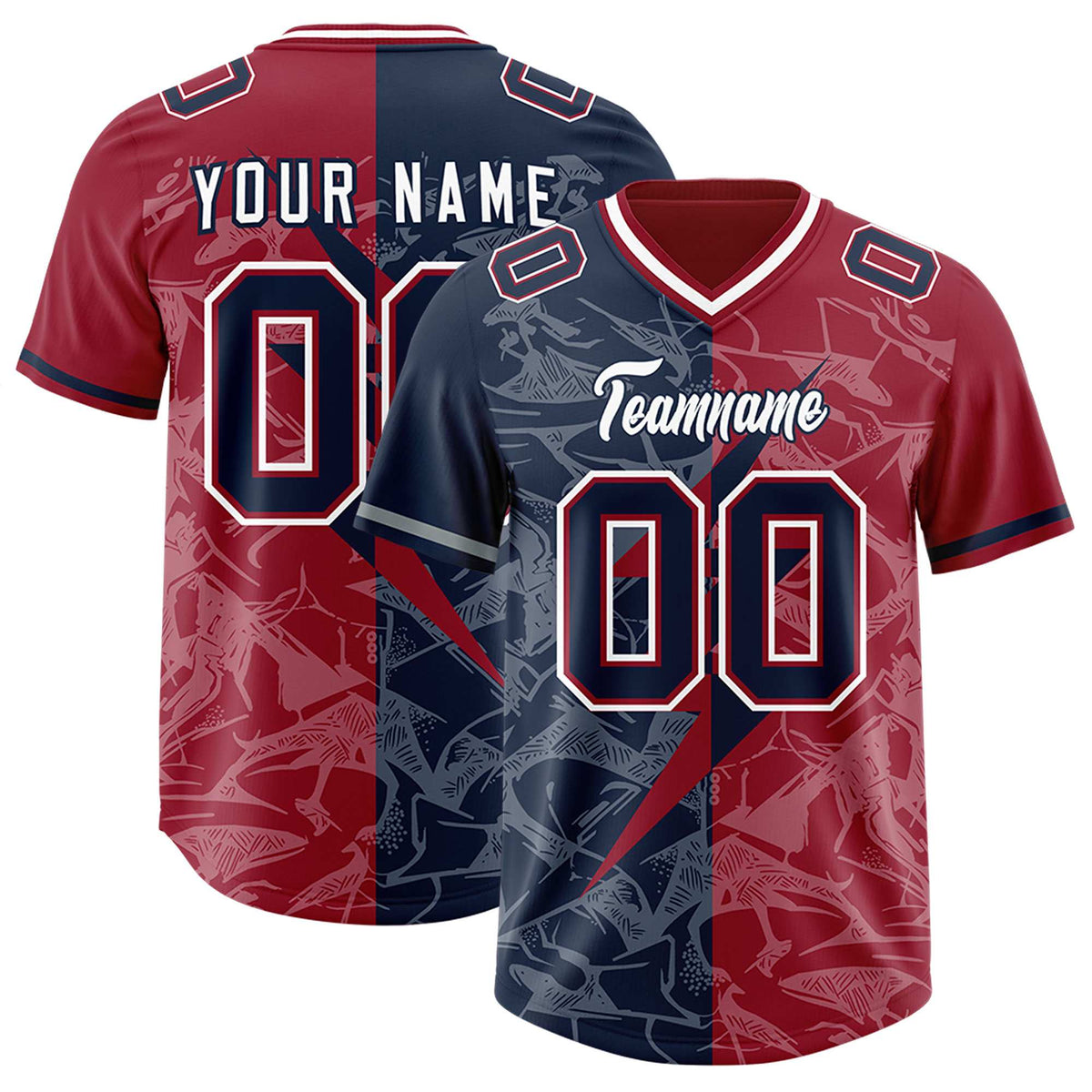 Custom Navy Cardinal Split Personalized Lightning Pattern Football Jersey