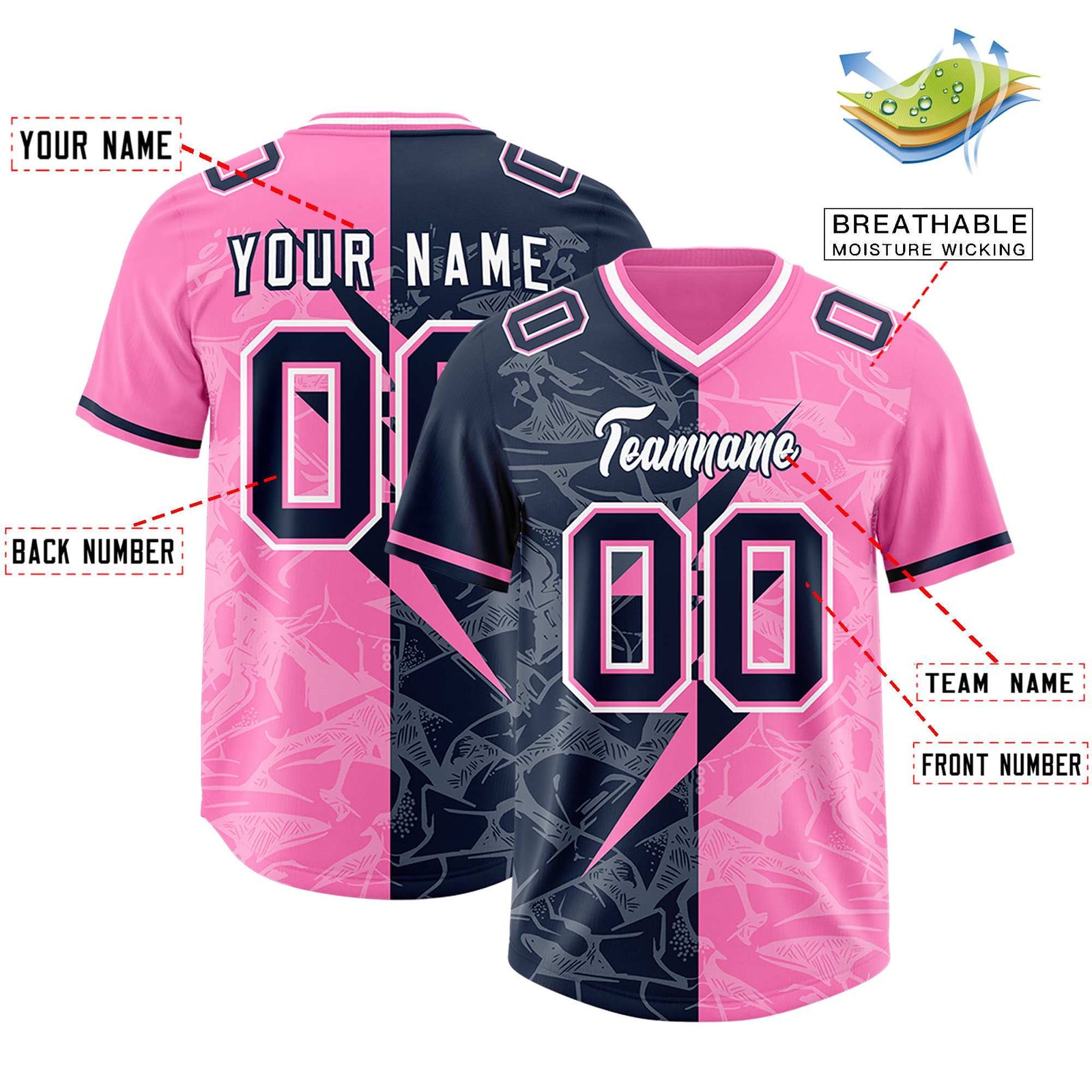 Custom Pink Navy Split Personalized Lightning Pattern Football Jersey