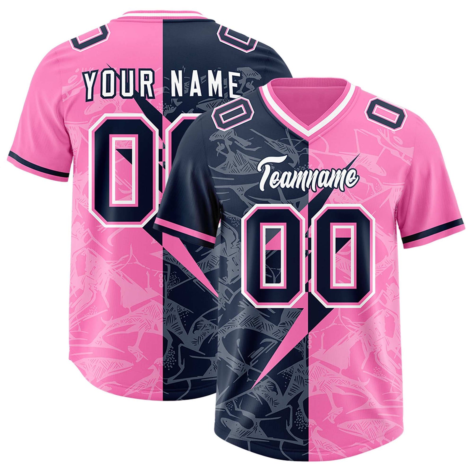 Custom Pink Navy Split Personalized Lightning Pattern Football Jersey