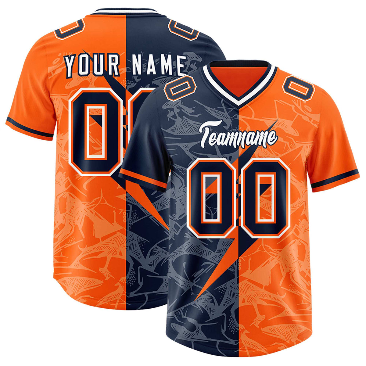 Custom Orange Navy Split Personalized Lightning Pattern Football Jersey