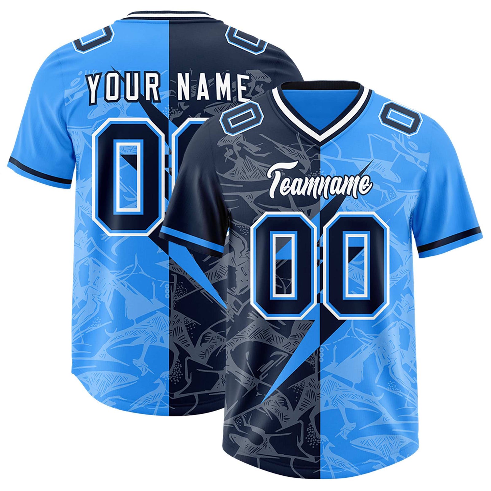Custom Light Blue Navy Split Personalized Lightning Pattern Football Jersey