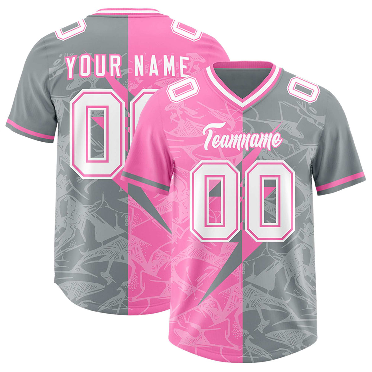 Custom Gray Pink Split Personalized Lightning Pattern Football Jersey