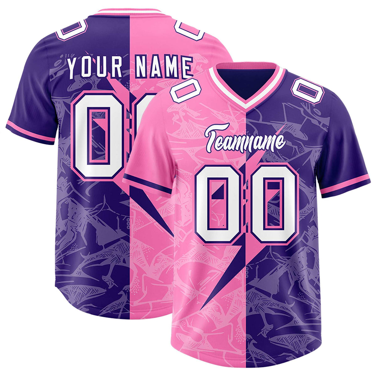 Custom Purple Pink Split Personalized Lightning Pattern Football Jersey