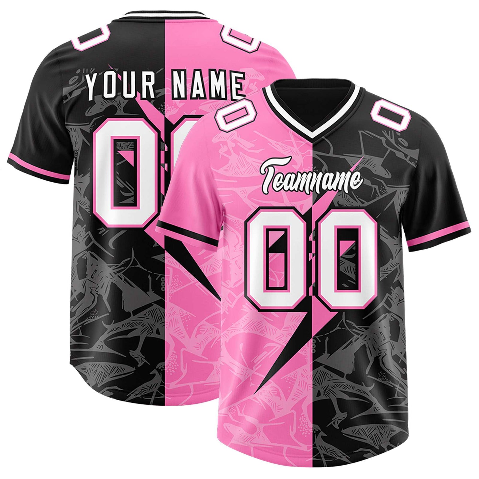 Custom Black Pink Split Personalized Lightning Pattern Football Jersey