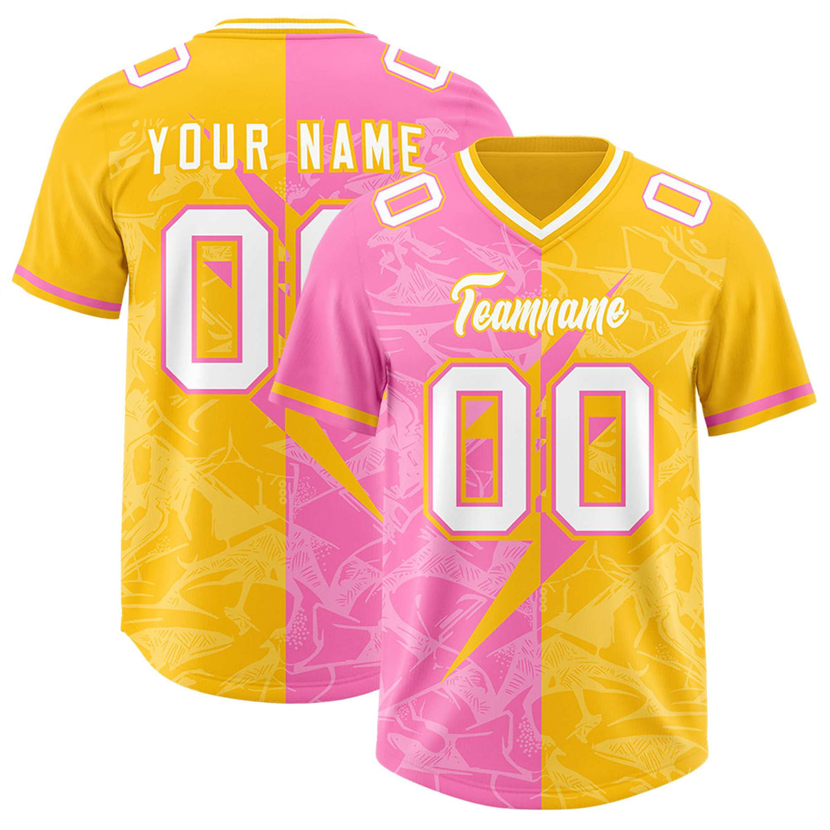 Custom Yellow Pink Split Personalized Lightning Pattern Football Jersey