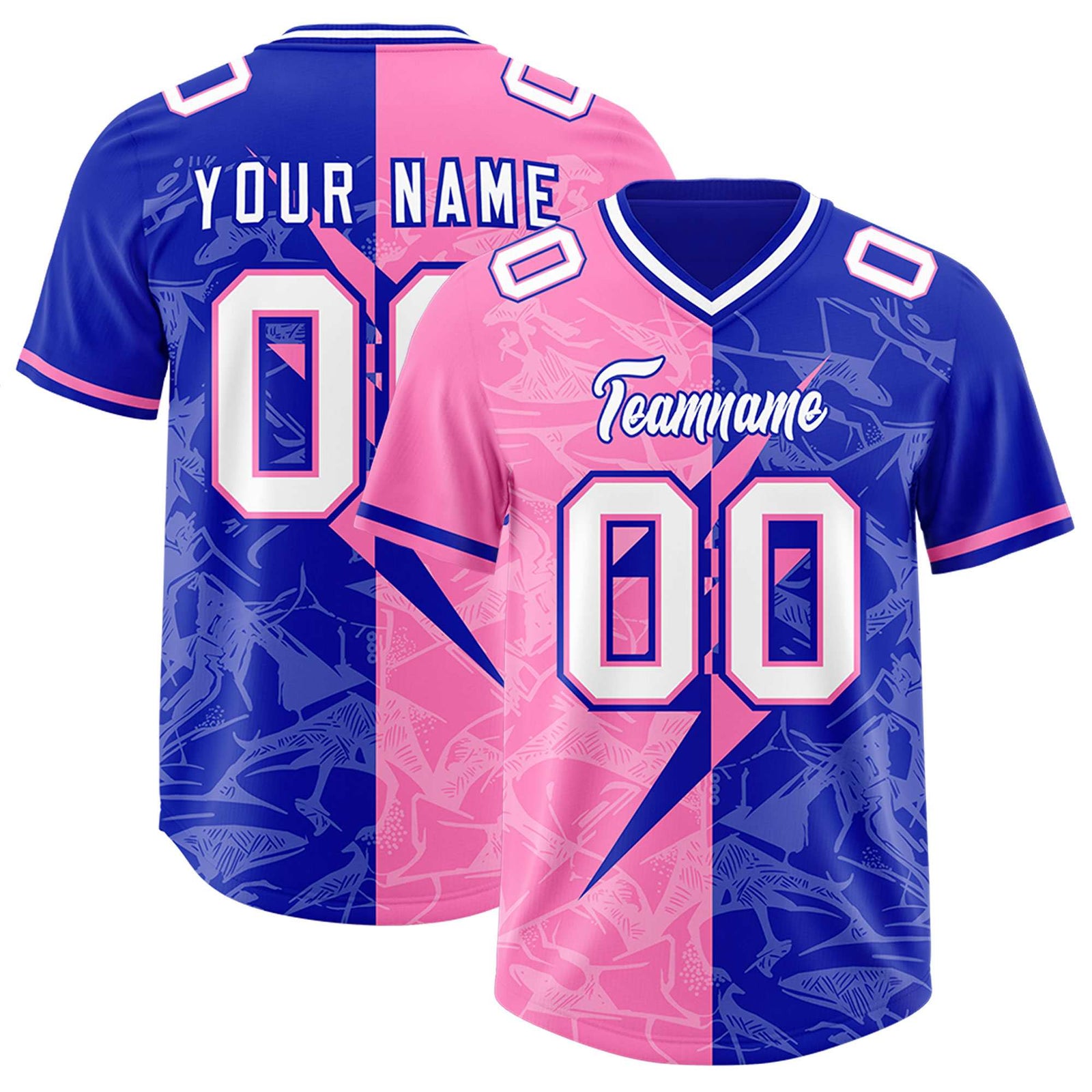 Custom Royal Pink Split Personalized Lightning Pattern Football Jersey