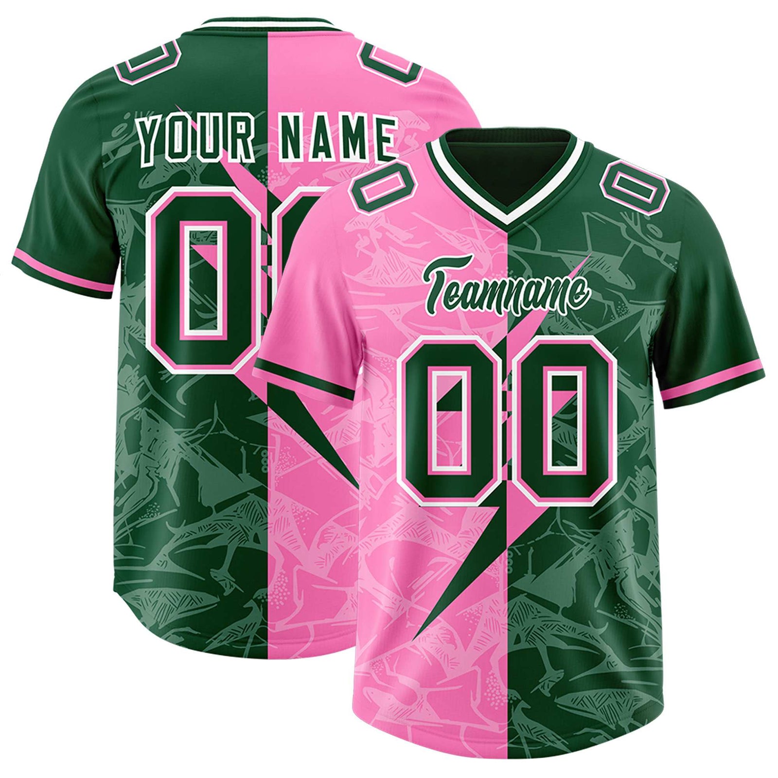 Custom Pink Green Split Personalized Lightning Pattern Football Jersey