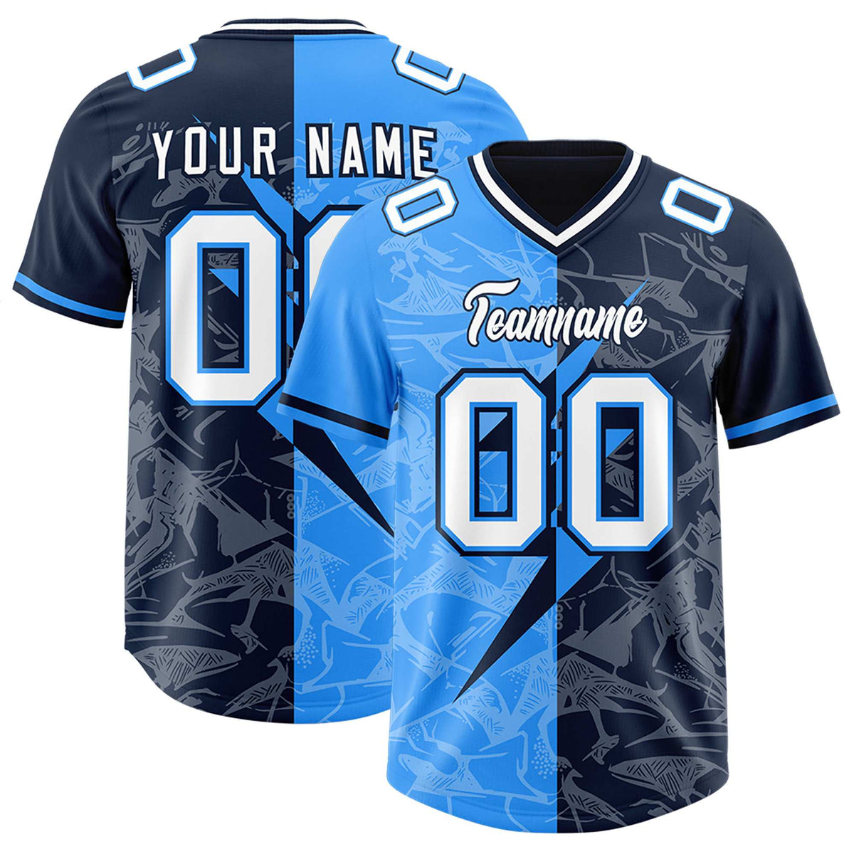 Custom Navy Light Blue Split Personalized Lightning Pattern Football Jersey