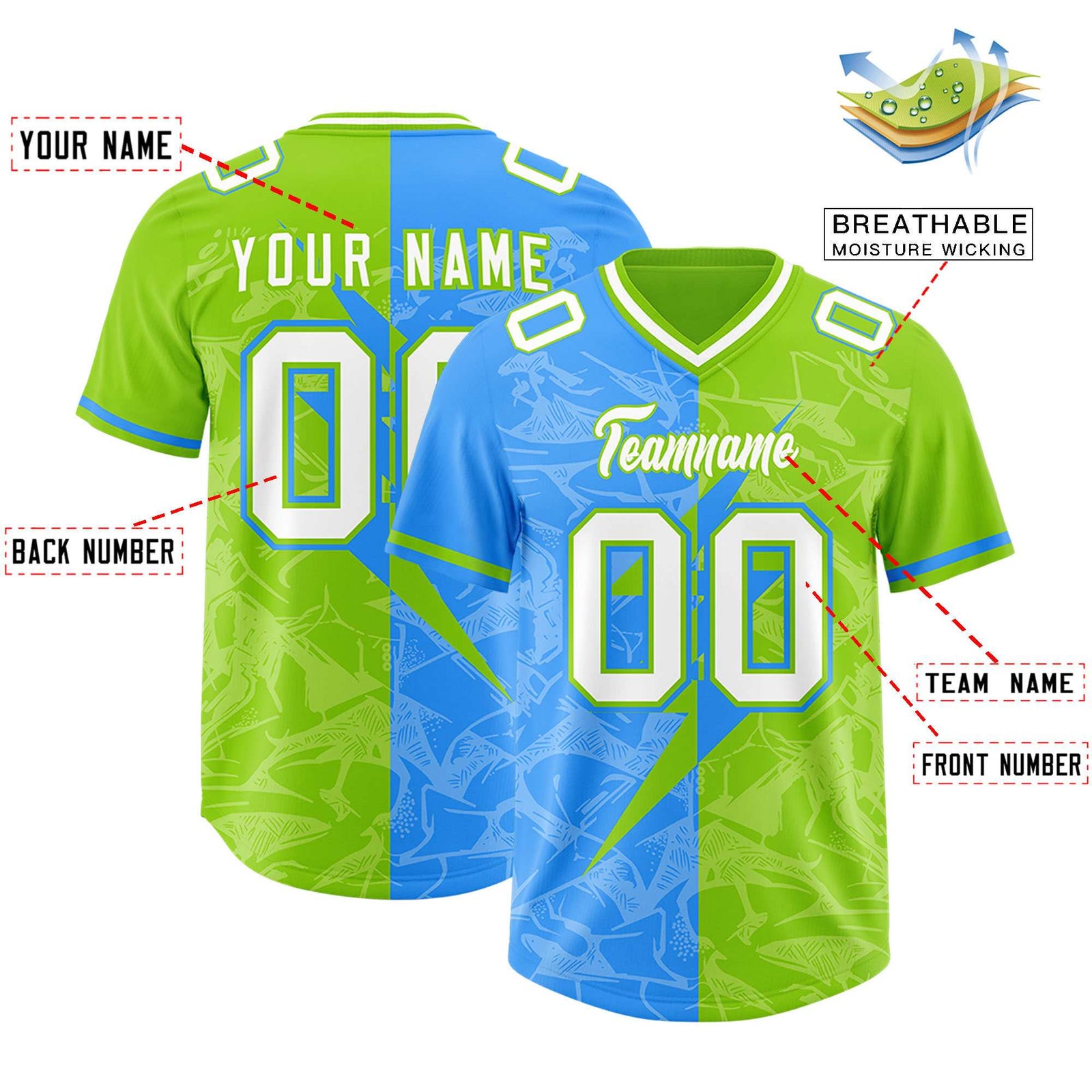 Custom Neon Green Light Blue Split Personalized Lightning Pattern Football Jersey