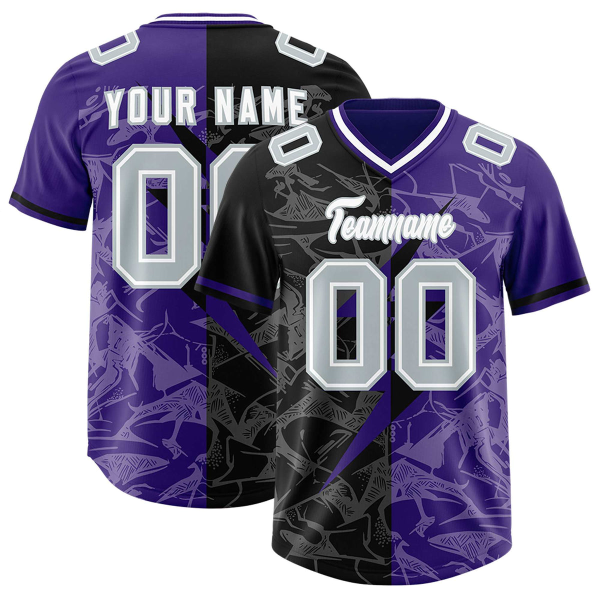 Custom Purple Black Split Personalized Lightning Pattern Football Jersey
