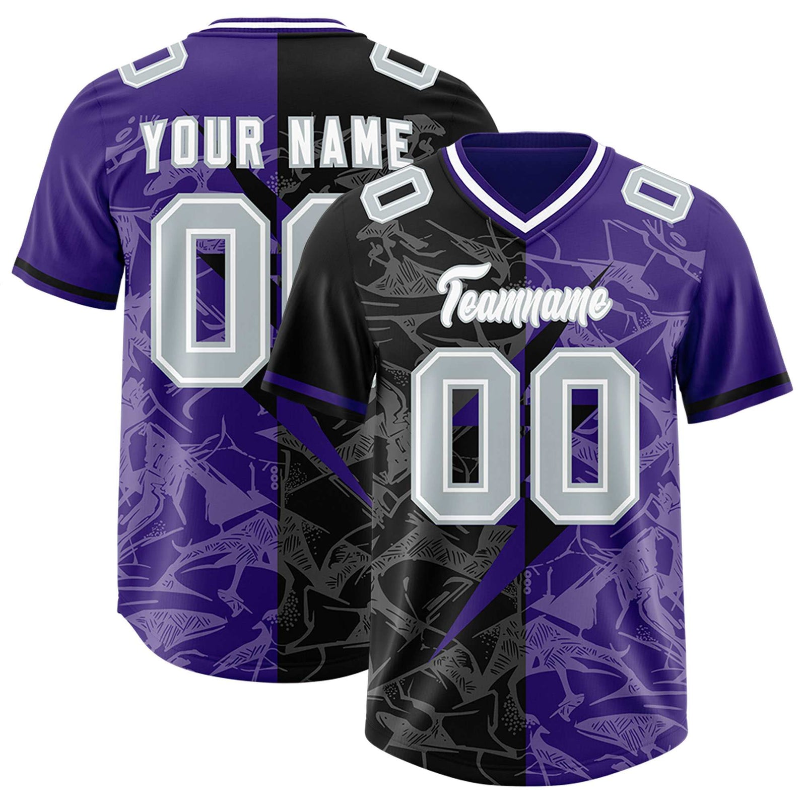 Custom Purple Black Split Personalized Lightning Pattern Football Jersey