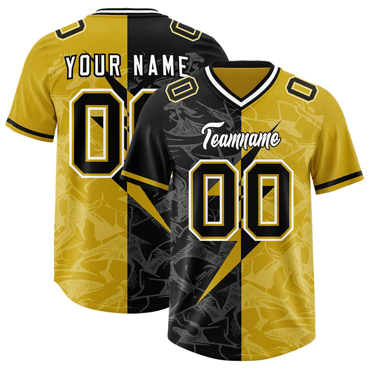 Custom Old Gold Black Split Personalized Lightning Pattern Football Jersey