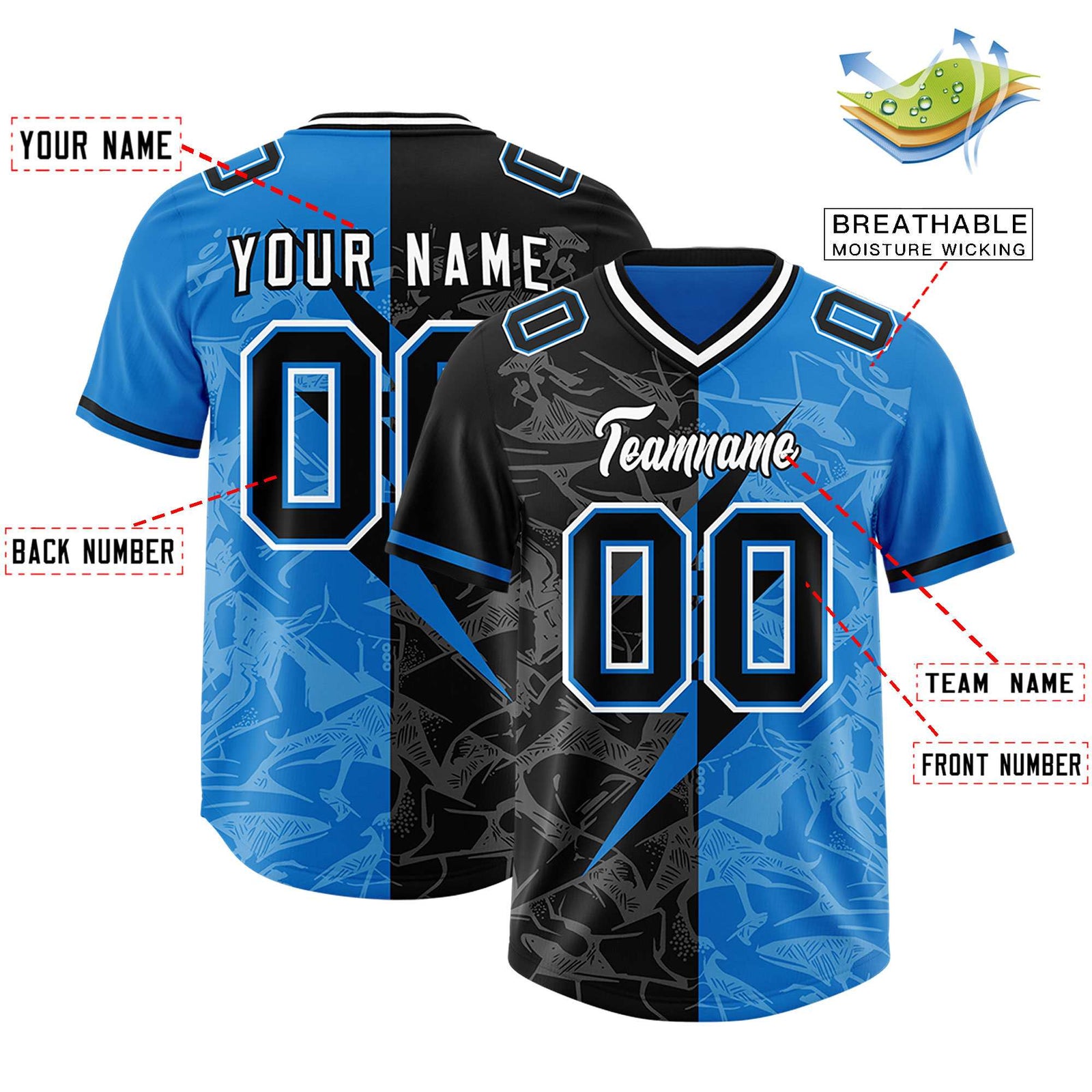 Custom Panther Blue Black Split Personalized Lightning Pattern Football Jersey