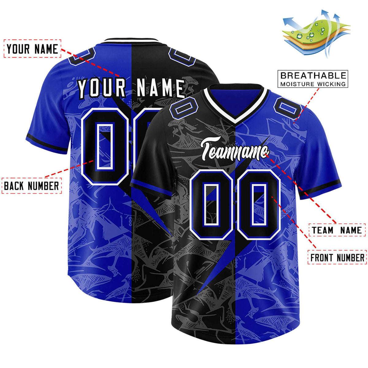 Custom Royal Black Split Personalized Lightning Pattern Football Jersey