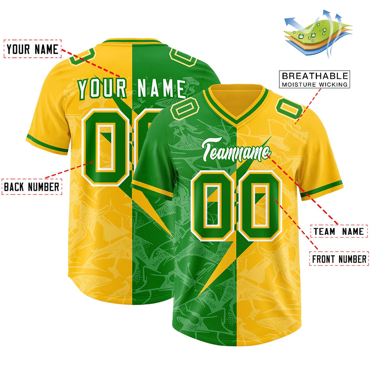 Custom Kelly Green Yellow Split Personalized Lightning Pattern Football Jersey