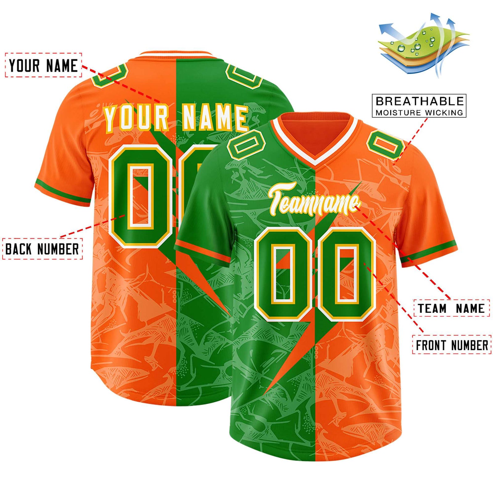 Custom Orange Kelly Green Split Personalized Lightning Pattern Football Jersey