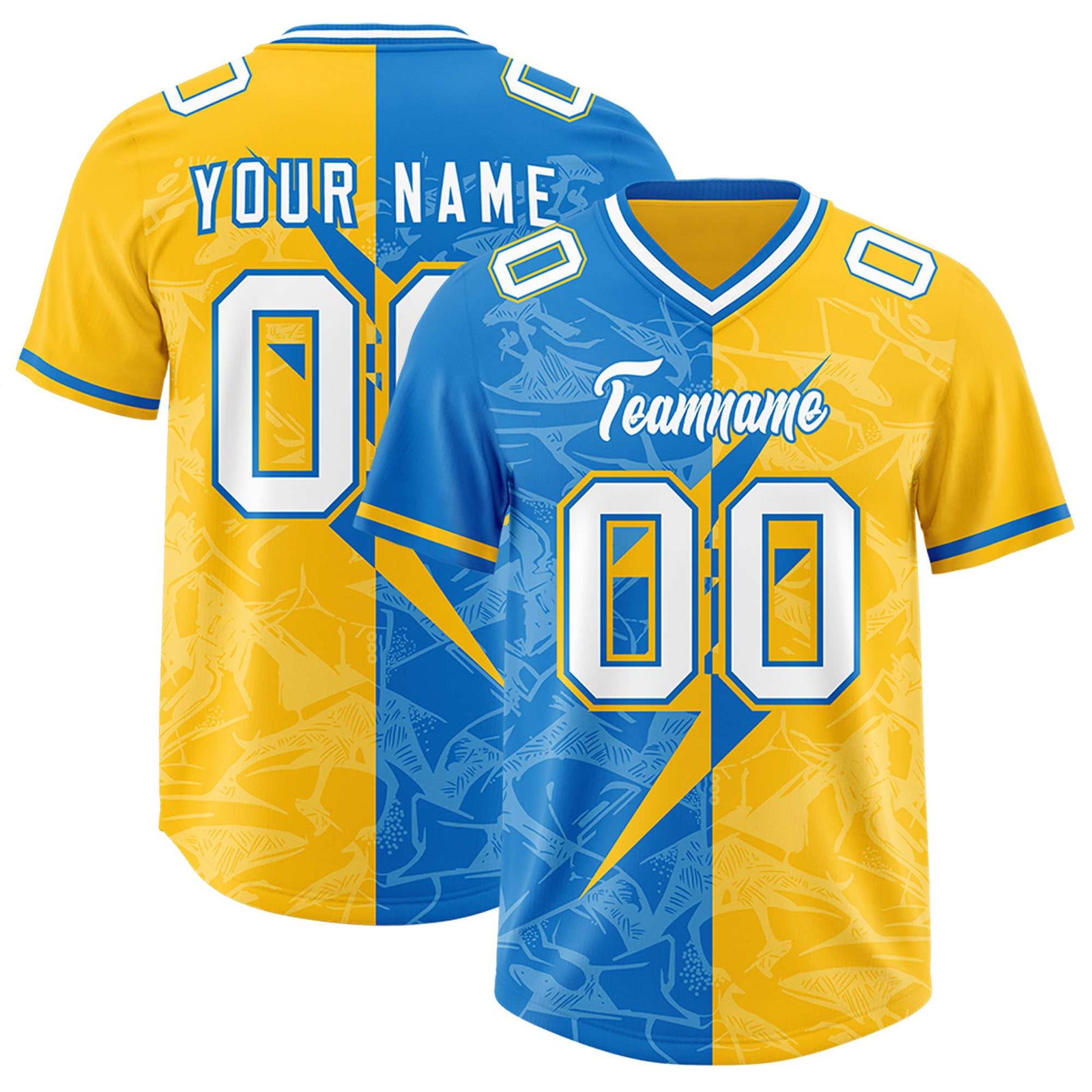 Custom Panther Blue Gold Split Personalized Lightning Pattern Football Jersey