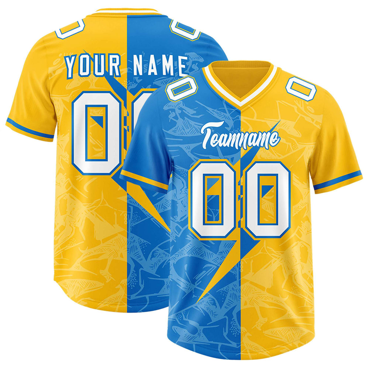 Custom Panther Blue Yellow Split Personalized Lightning Pattern Football Jersey