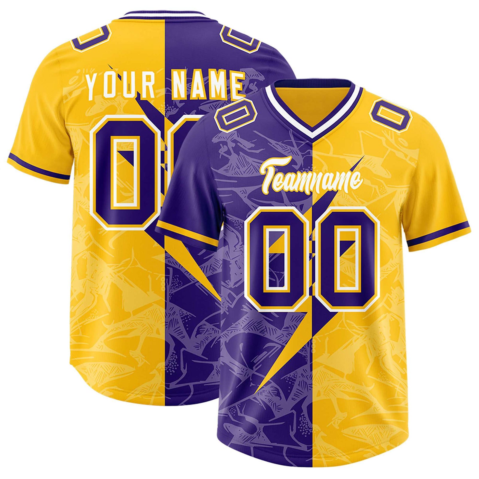 Custom Yellow Purple Split Personalized Lightning Pattern Football Jersey