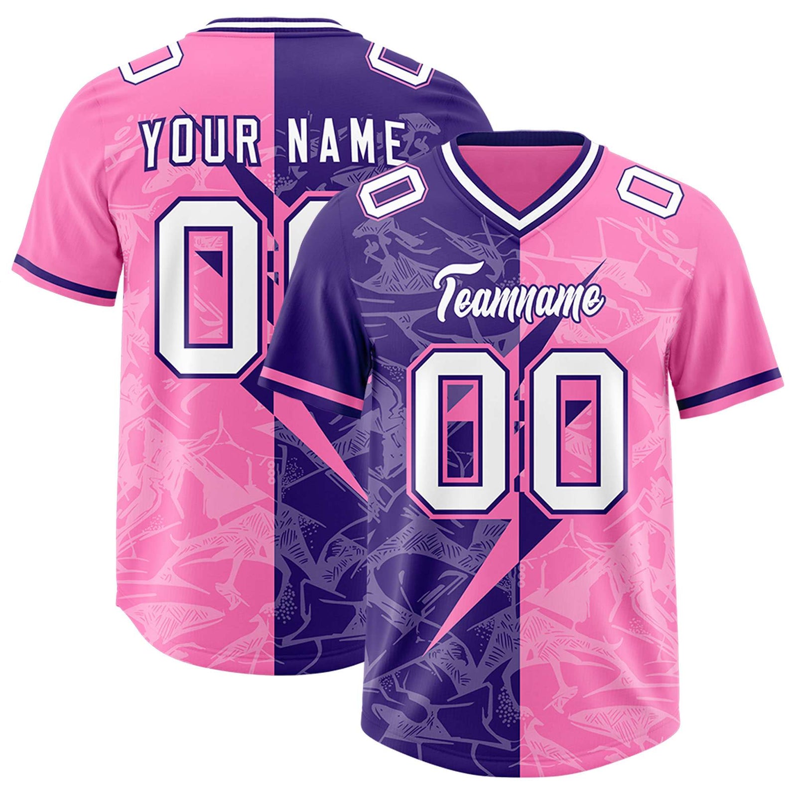 Custom Pink Purple Split Personalized Lightning Pattern Football Jersey