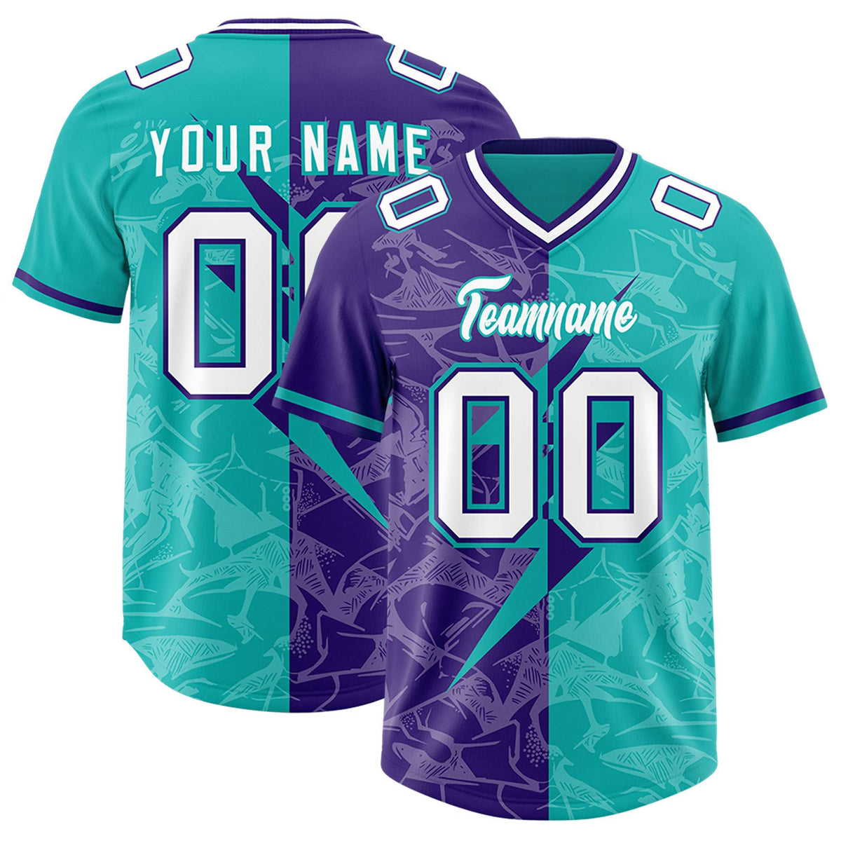 Custom Aqua Purple Split Personalized Lightning Pattern Football Jersey