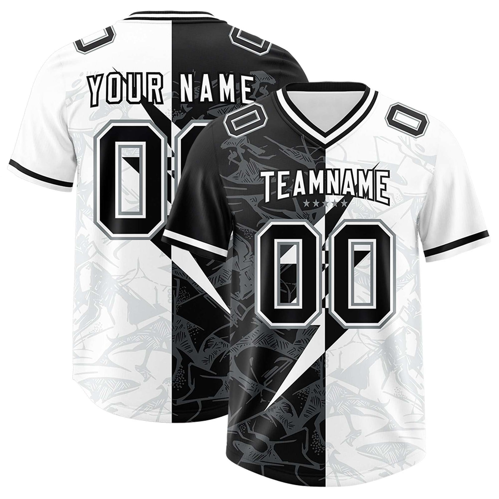 Custom White Black Split Personalized Lightning Pattern Football Jersey