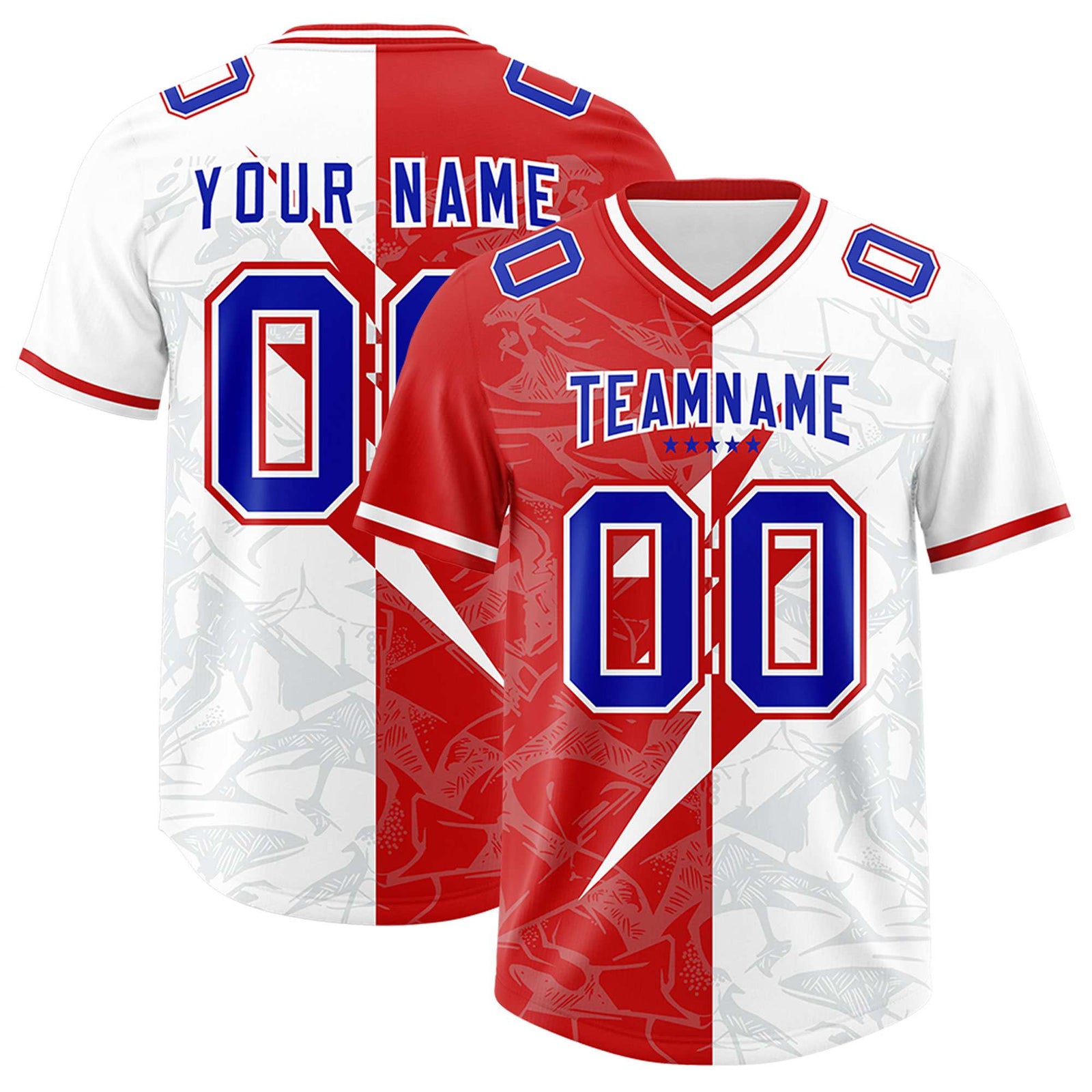 Custom White Red Split Personalized Lightning Pattern Football Jersey